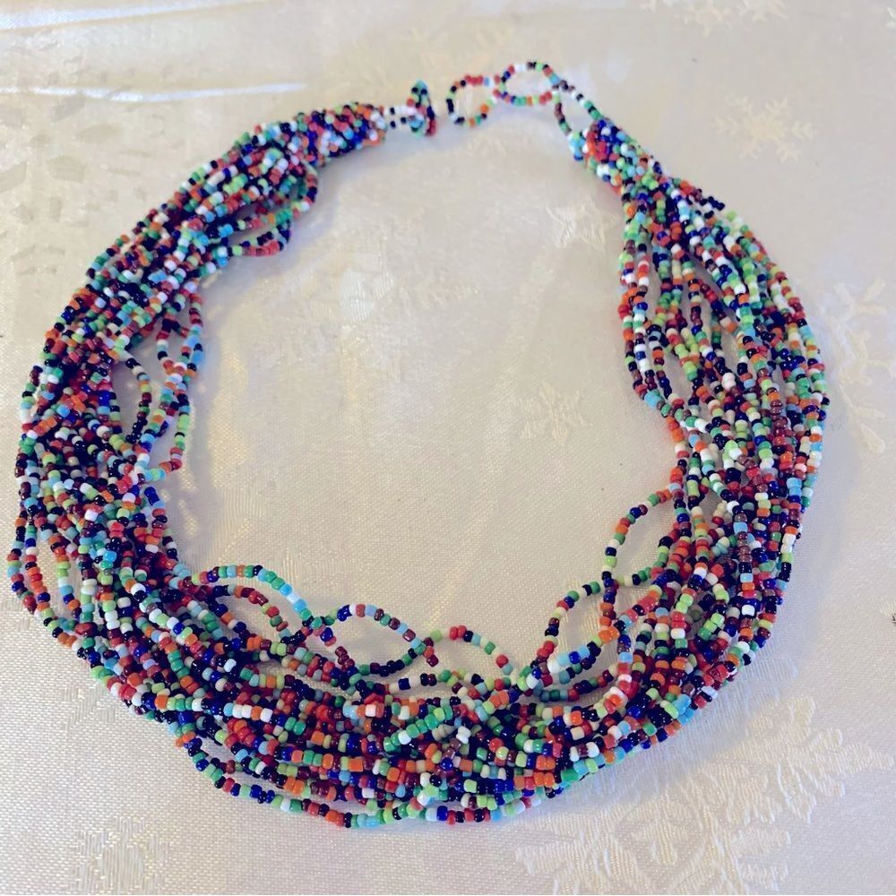 20 Strand Seed Bead Necklace 34”-36”  Beaded Adjustable Toggle Clasp Vintage